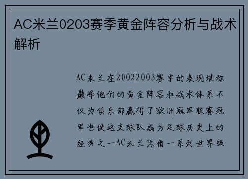 AC米兰0203赛季黄金阵容分析与战术解析