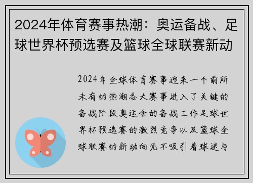 2024年体育赛事热潮：奥运备战、足球世界杯预选赛及篮球全球联赛新动向分析